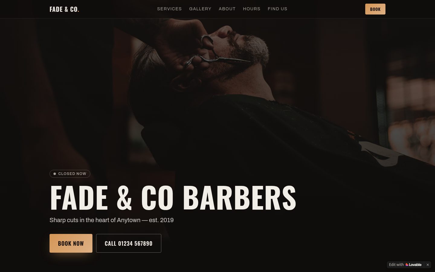 Homepage of the Fade & Co Barbers example website