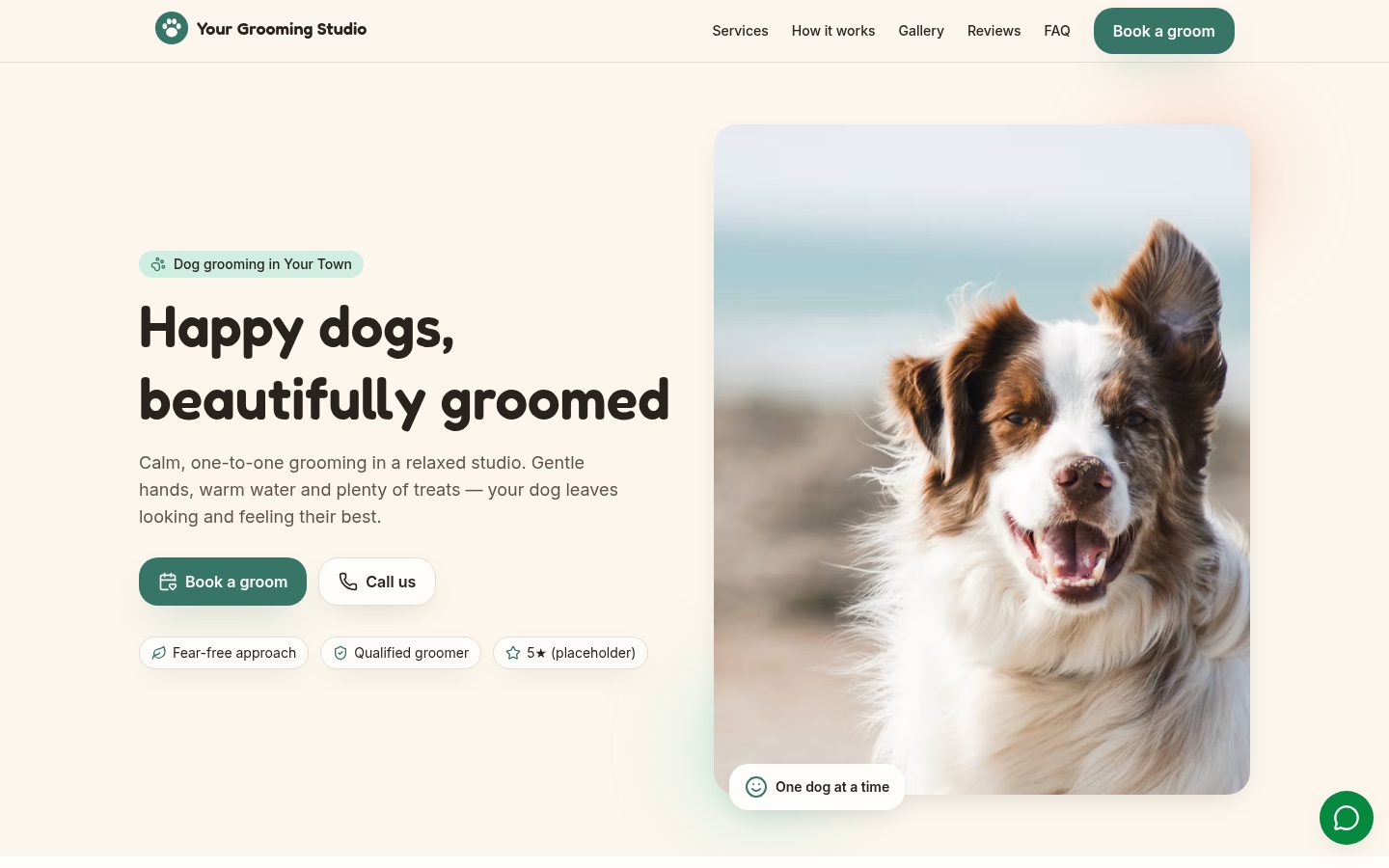 Homepage of the Dog Grooming Studio example website