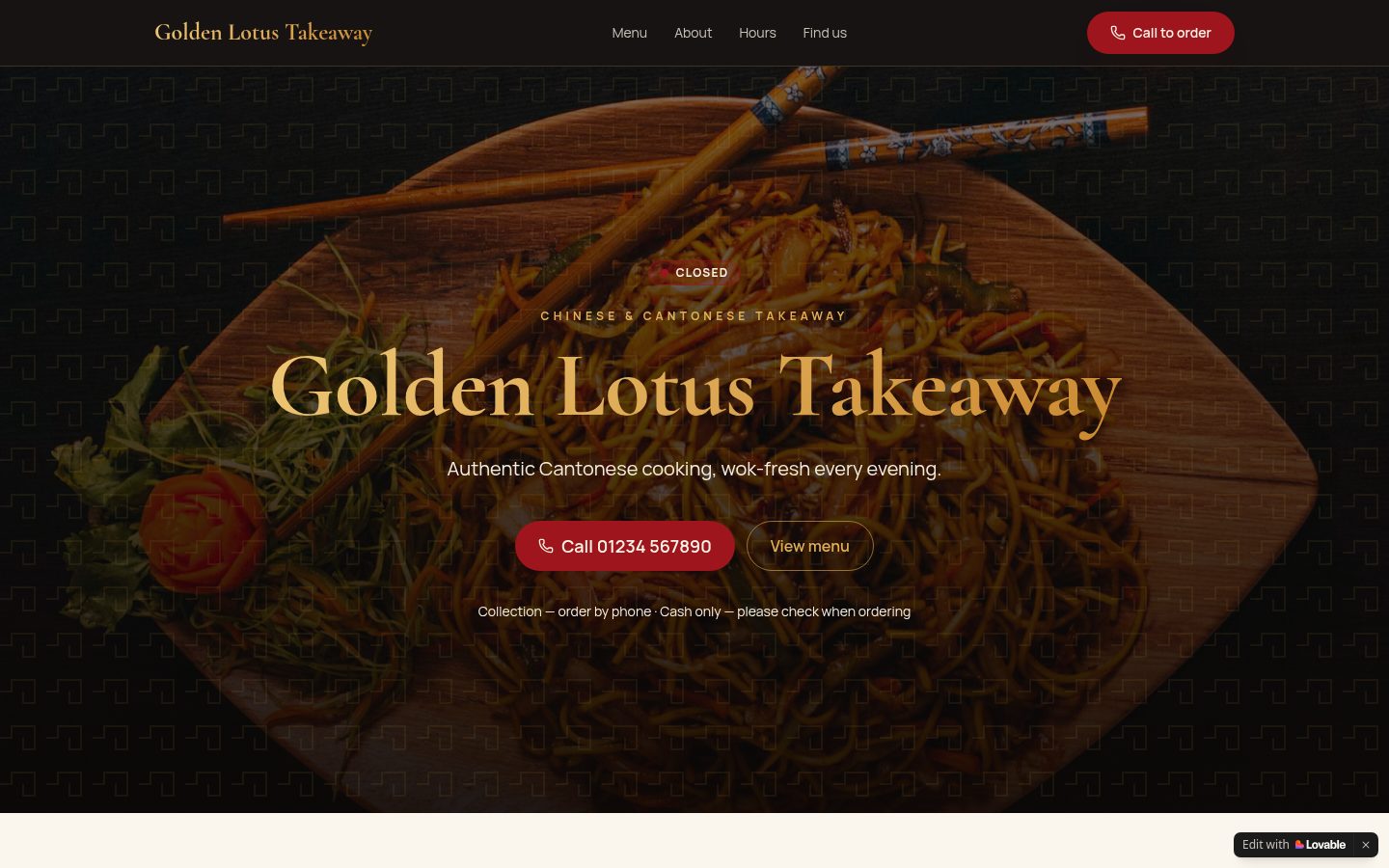 Homepage of the Golden Lotus Takeaway example website
